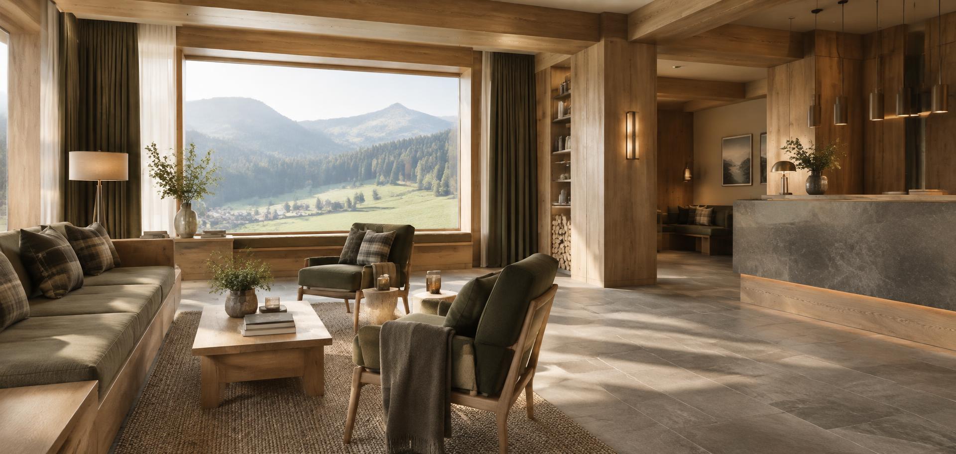 Lobby eines modernen Hotels im Tegernseer Tal mit Holz, Stein und Blick ins Grüne