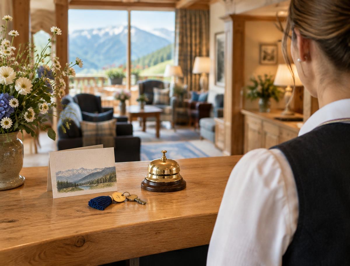 Rezeption eines hochwertigen Hotels mit Zimmerschlüssel und Tischglocke