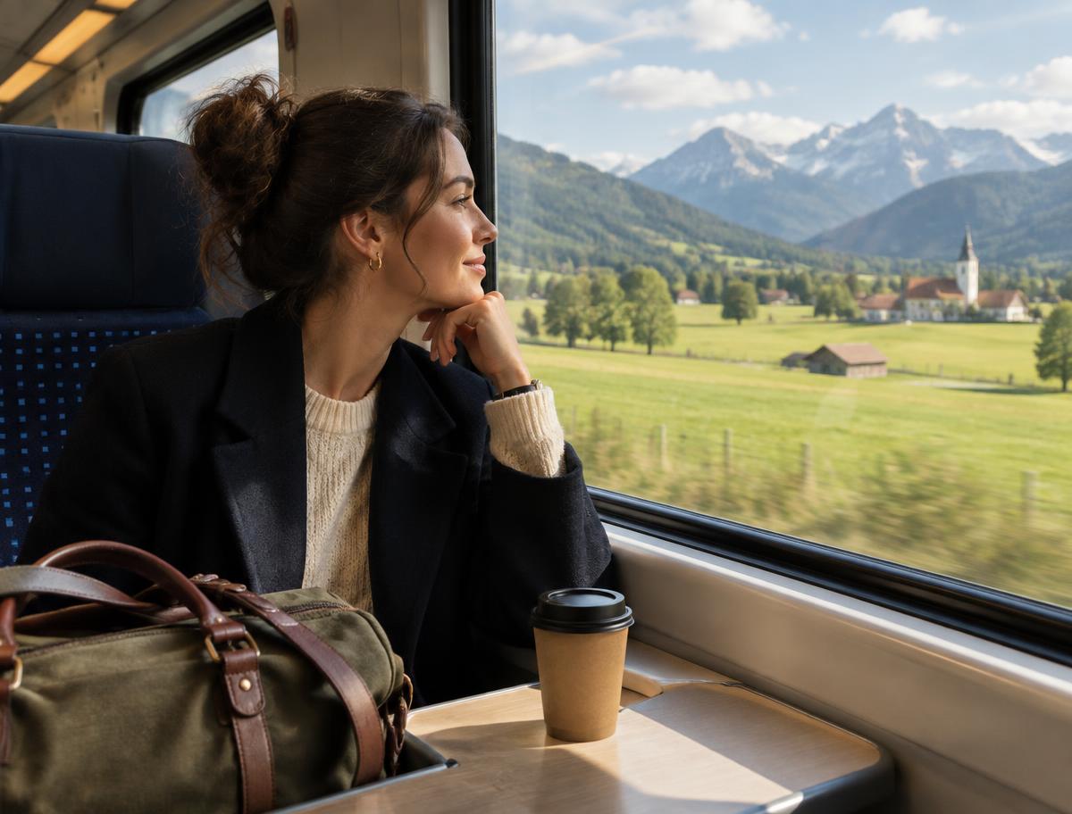 Reisende im Regionalzug mit Blick auf das Voralpenland
