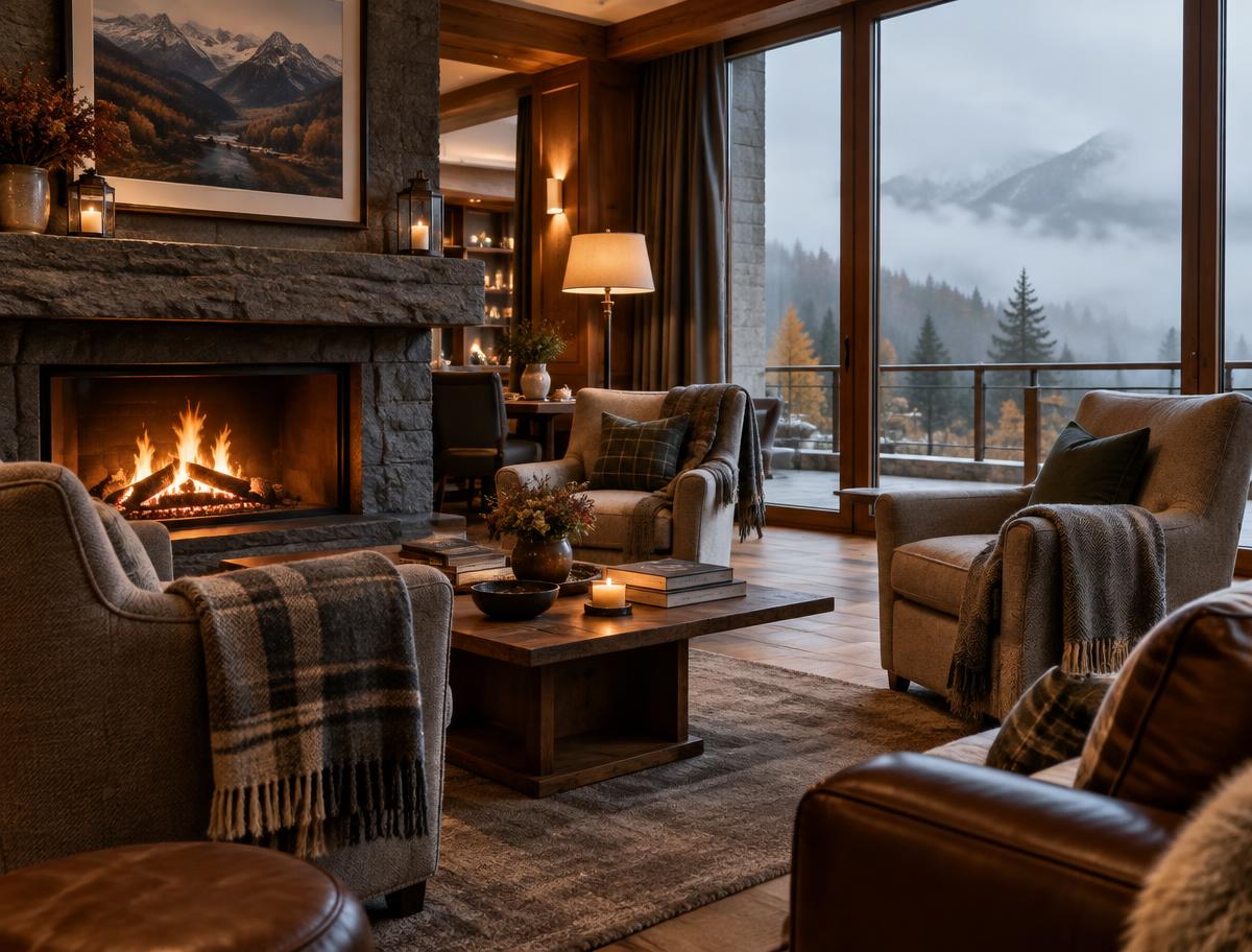 Hotellounge mit Kamin an einem nebligen Herbsttag