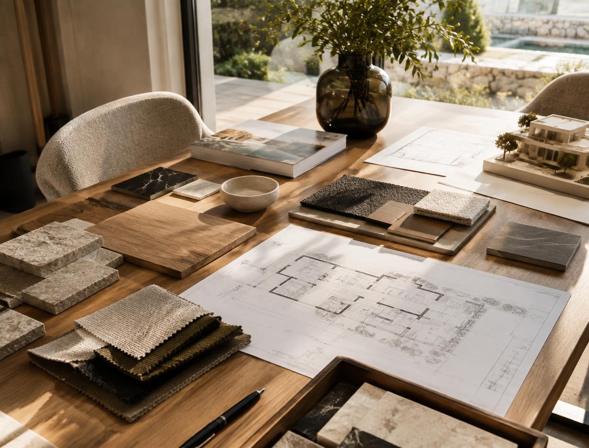 Materialmuster und Grundrisse eines hochwertigen Immobilienprojekts